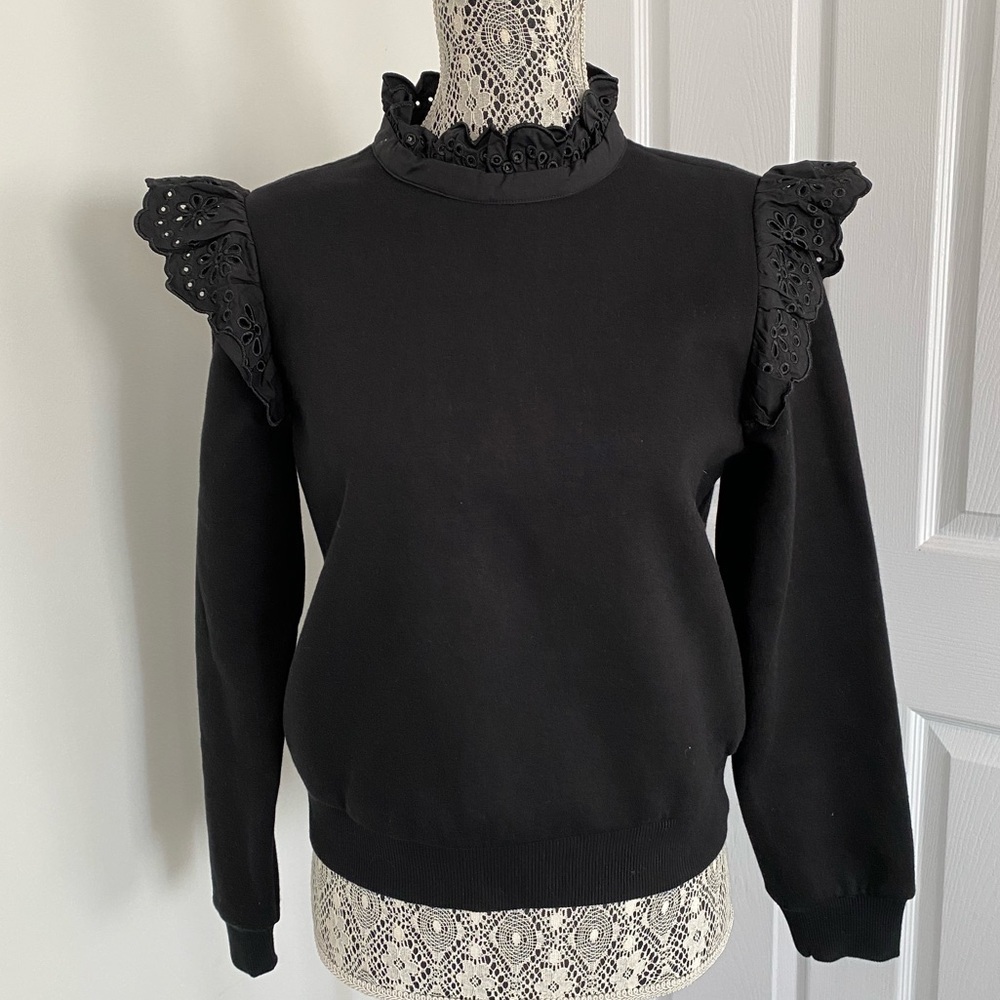& Other Stories Black Eyelet Ruffle Shoulder Sweatshirt